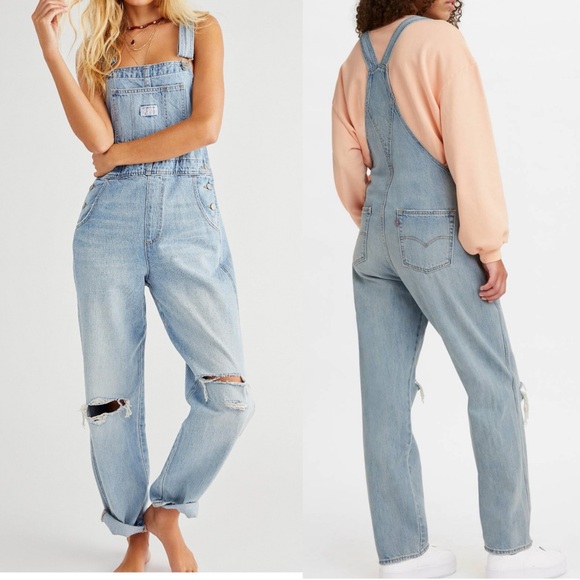 Levi’s Premium Vintage Denim Straight Leg Overalls Bright Light Wash Distressed - Picture 3 of 16